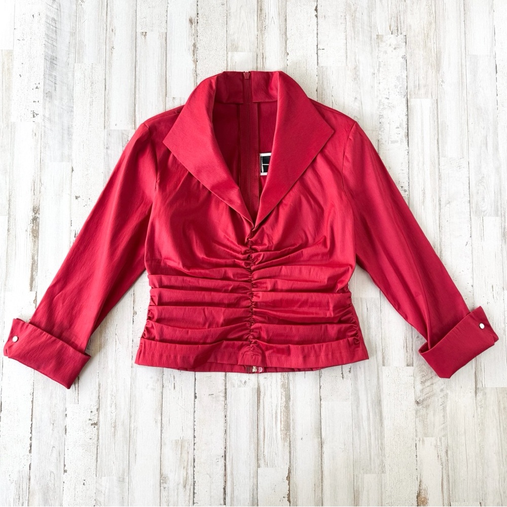 Vintage Tadashi Holiday Ruched Collared Blouse Top Red Stretch Zip Back size 8